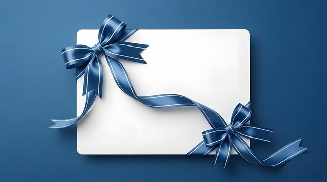 Elegant navy blue ribbon bows with blank white card on dark blue background gift presentation