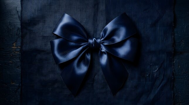 Elegant navy blue satin ribbon bow on textured dark blue gift wrap top view