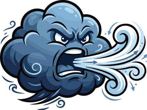 Angry cloud blowing wind vector illustration. Stormy weather character mascot blowing air. Cartoon puff of wind isolated on white background. Windy weather icon. Blowing cloud face. Strong breeze 