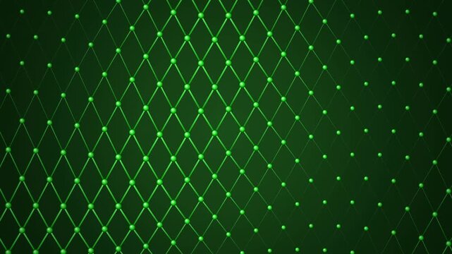 Green light pattern with crisscross lines and dots on dark background, abstract digital animation with glowing effect