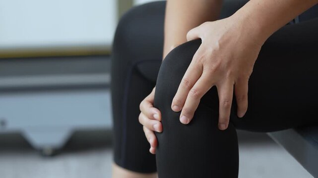 Women while exercising touching painful twisted or broken. Athlete training, running up and down stairs accident. Sport sprained sprain cause injury knee. and pain with leg bones.