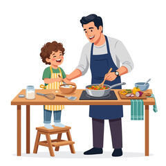 Fototapeta premium Happy father and son cooking together in a bright kitchen, preparing a healthy meal on a wooden table with fresh ingredients and utensils, capturing a moment of family bonding and shared activity