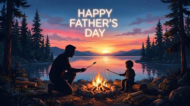 Father and son roasting marshmallows by lakeside campfire at sunset happy father's day