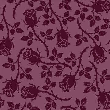 Seamless vintage floral pattern with stylized roses and thorny branches in a deep plum hue, evoking a romantic and gothic aesthetic