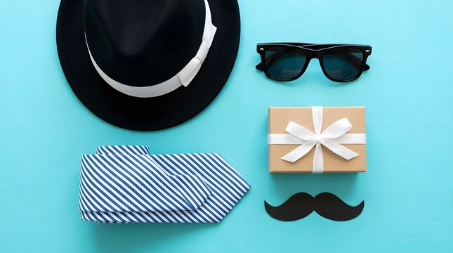 Father's day arrangement with hat sunglasses gift tie and mustache on teal background