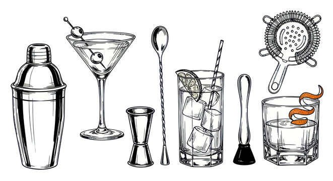 Cocktail Bar Tools and Drinks Icon Set
