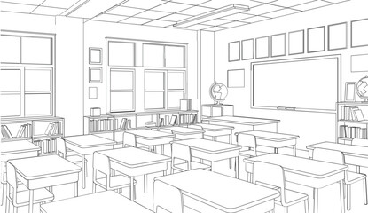 Fototapeta premium Empty classroom interior outline illustration, school education learning space vector isolated architectural design element