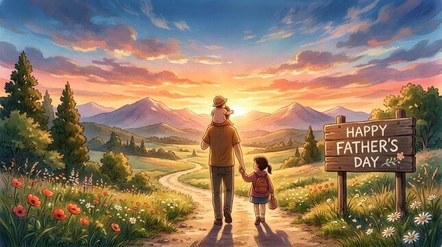 Father and child walking on country road at sunset for father's day illustration