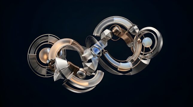 Complex Futuristic Infinity Loop Mechanical Sculpture 3D Render Abstract Steampunk Cyberpunk Tech Engine Component with Glass and Metal Spheres