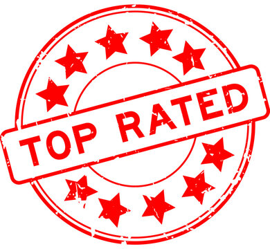 Grunge red word top rated with star icon round rubber seal stamp on white background