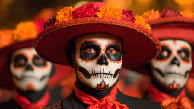 Day of Dead skull makeup Mexican tradition parade festival mariachi hat face paint costume marigold, closeup portrait of celebrant colorful de