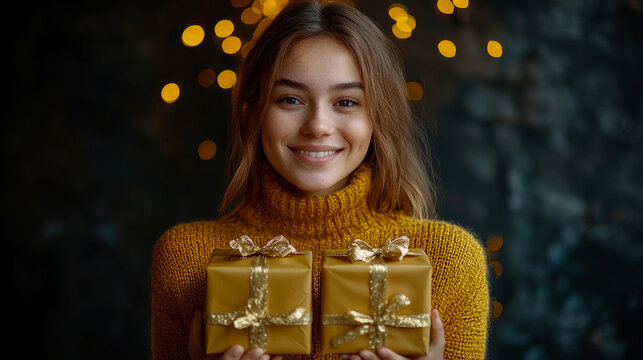 Joyful young woman in cozy yellow turtleneck sweater smiles warmly while holding two golden, ribbon-tied gift boxes, with soft bokeh lights creating festive and magical atmosphere in background, sugge