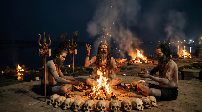 Group of Aghori Sadhus Sitting Around Sacred 
Fire with Trishuls at Night, Hindu Tantric 
Ritual Varanasi Spiritual Art