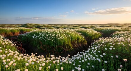 Fototapeta premium Beautiful White Wildflower Meadow with Heart Shaped Path at Sunset