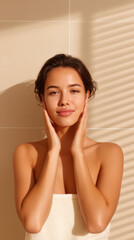 Fototapeta premium Young woman skincare routine minimalist bathroom natural beauty clean skin healthy glow portrait with soft sunlight, hands face, towel wrap