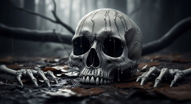 Eerie Skull Emerging from Dark, Damp Ground.