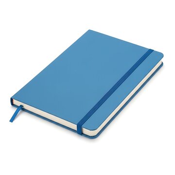 Sleek blue leather-bound moleskine-style notebook with elastic closure