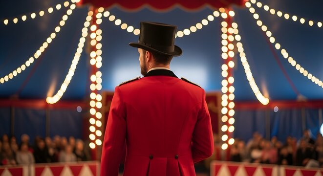 Ringmaster in Red Coat and Top Hat Addresses the Audience Under the Big Top Lights