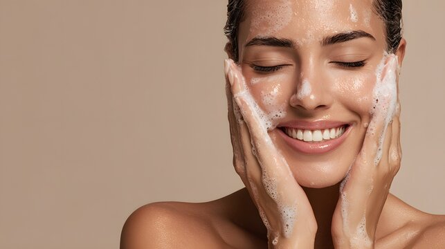 Smiling woman cleanses face with soapy foam. Healthy skin portrait captures morning skincare ritual joy. Soap foam fresh beauty for beauty routine