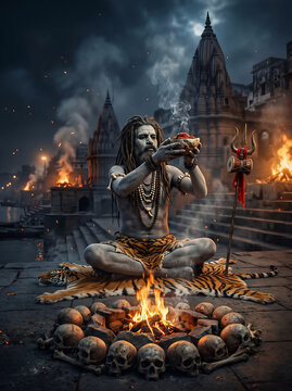 Aghori Sadhu Performing Night Fire Ritual 
at Ancient Temple with Skulls, Varanasi 
Hindu Tantric Ceremony Digital Art