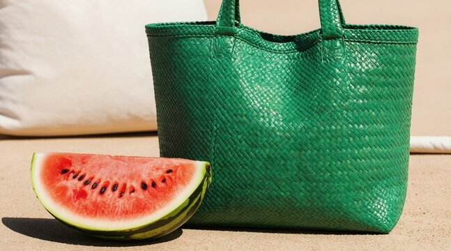 Vibrant green woven tote rests beside juicy watermelon slice on sand. Summer scene evokes relaxation leisure lifestyle. Stylish accessory complements fresh fruit natural backdrop. Minimalist product