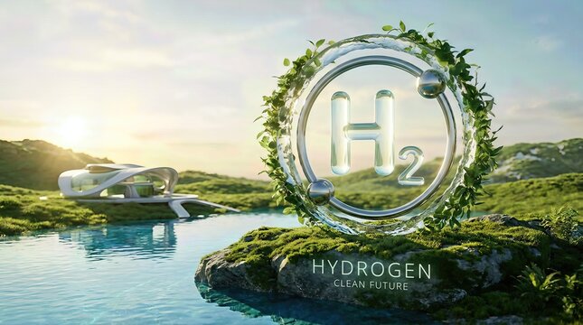 Hydrogen molecule, demonstrating clean energy, sustainable power, ecological fuel source, renewable generation, natural water system, verdant plant life, and futuristic architectural structure.