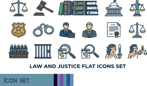 Print Law and Justice Flat Icons Set - Professional Legal Defense Court Trial Evidence and Law Enforcement Vector Elements