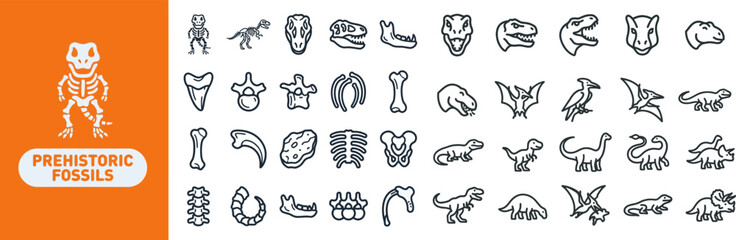 Prehistoric Fossil and Dinosaur outline icon set. Featuring T-rex skeleton, triceratops, raptor, pterodactyl, and brontosaurus symbols. Editable stroke vector icons for paleontology and museum apps. © Pixel_Forge