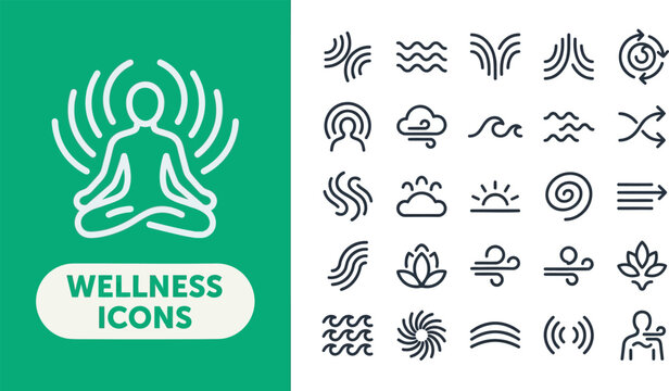 Wellness Meditation and Mindful Aura outline icon set. Featuring meditator, lotus pose, energy field, chakra, and zen circle symbols. Editable stroke vector icons for meditation apps and yoga sites.
