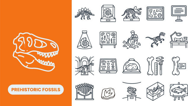 Prehistoric Era and Dinosaur Life outline icon set. Featuring t-rex head, fossil egg, tar pit, primal jungle, and giant fern symbols. Editable stroke vector icons for paleontology and natural history.