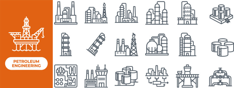 Petroleum Refinery and Oil Plant outline icon set. Featuring refinery tower, storage tank, distillation, pipeline, and flare stack symbols. Editable stroke vector icons for oil industry and energy.