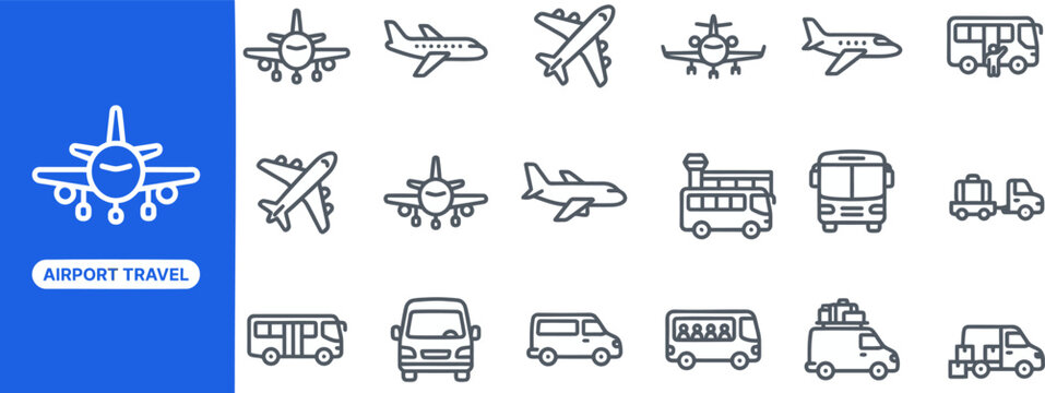 Airport Vehicle and Shuttle outline icon set. Featuring airliner, shuttle bus, taxi van, baggage cart, and tow tractor symbols. Editable stroke vector icons for airport ops and transit apps.