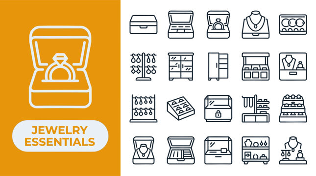 Jewelry Store and Display Showcase outline icon set. Featuring display case, velvet box, gift wrap, mirror, and price tag symbols. Editable stroke vector icons for jeweler retail and boutique sites.
