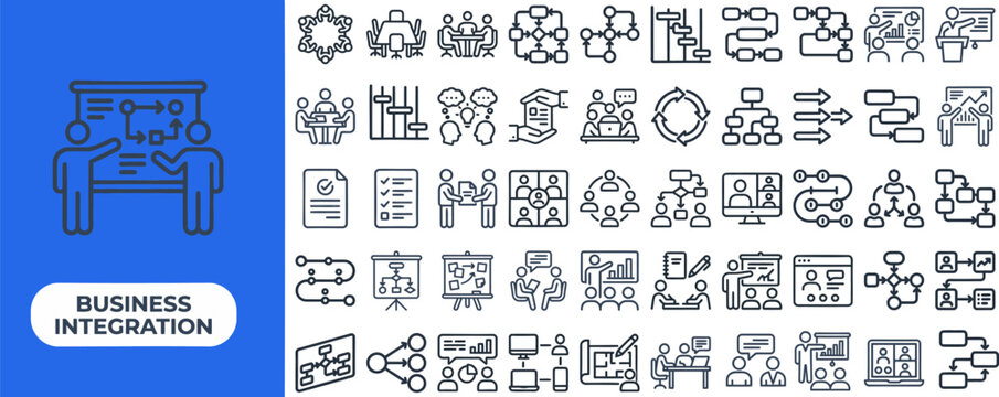 Business Process and System Integration outline icon set. Featuring API hub, workflow chart, ERP module, data flow, and merge symbols. Editable stroke vector icons for IT operations and platform apps.