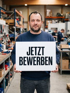 B&auml;rtiger Mann im blauen Pullover h&auml;lt Schild Jetzt Bewerben in Industriehalle mit Kollegen &ndash; Recruiting f&uuml;r Industriebetrieb