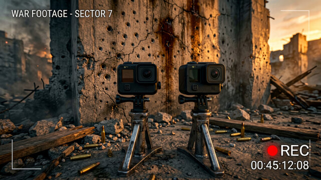 War torn surveillance checkpoint with damaged monitoring systems portraying frontline instability tactical defense and conflict zone insecurity