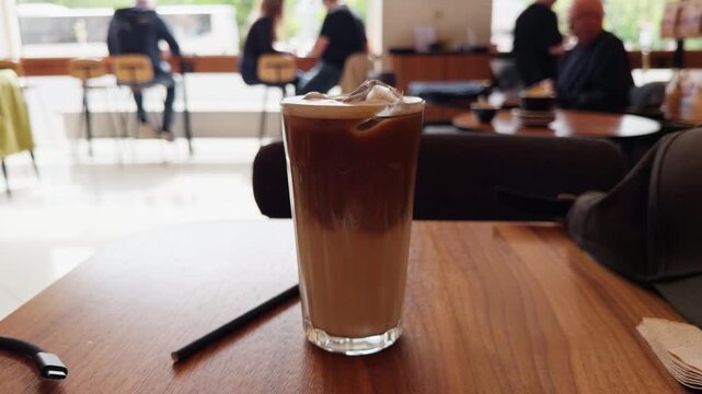 Highdefinition image capturing two professionals conversing over iced latte at cafe window