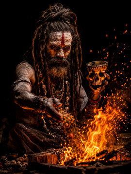 Aghori Sadhu Holding Skull Performing Fire 
Ritual, Intense Flames and Sparks, Hindu 
Tantric Dark Ceremony Mystical Art