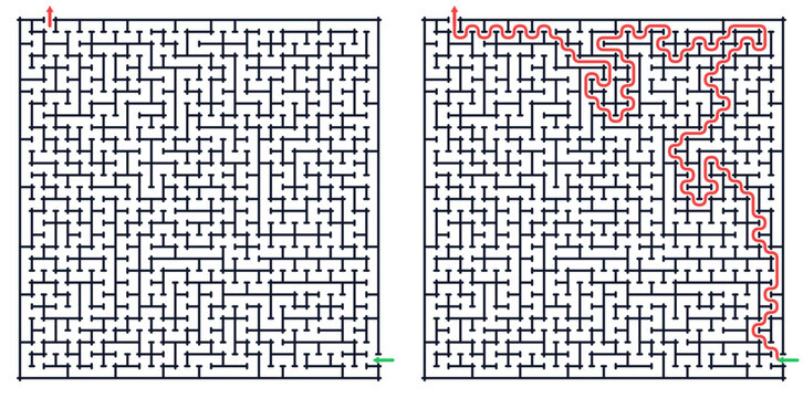 Maze puzzle with solution path highlighted in red  
