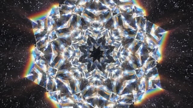 Abstract prismatic light rays radiating from a central white crystal source on a dark background, featuring a colorful rainbow spectrum diffraction pattern with radial symmetry and optical flare.