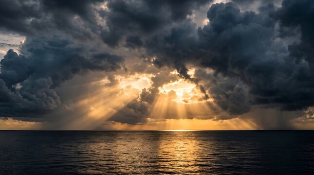 Dramatic Sunbeams Breaking Through Dark Stormy Clouds Over the Calm Ocean at Sunset