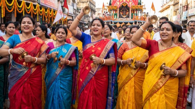Group of joyful Indian women in colorful traditional sarees playing cymbals and celebrating the holy Rath Yatra festival procession with devotion.