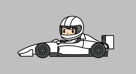 Fototapeta premium Cute Cartoon Racing Car Driver in White F1 Vehicle.