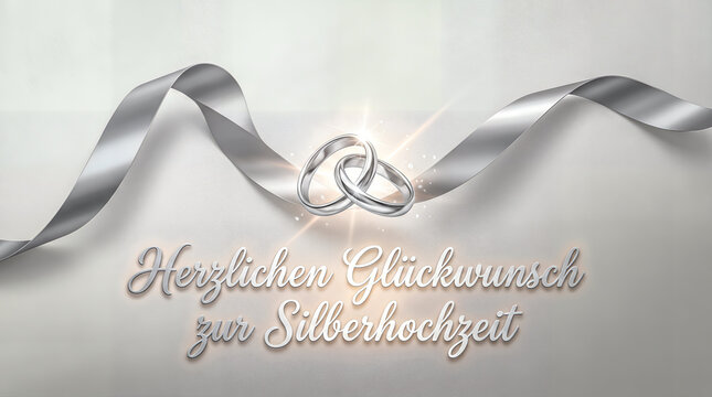 Minimalist luxury German silver wedding anniversary greeting, shiny silver ribbon flowing gracefully over a soft pearl white background, with the greeting "Herzlichen Gl&uuml;ckwunsch zur Silberhochzeit".