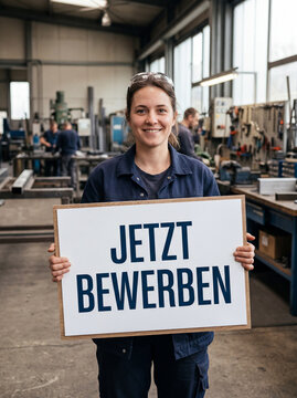 L&auml;chelnde Handwerkerin im Arbeitsoverall h&auml;lt Schild Jetzt Bewerben in Metallbau Werkstatt &ndash; Recruiting f&uuml;r Frauen im Handwerk