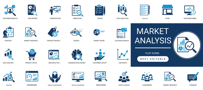 Market Analysis Icon Set. Data, Chart, Trend, Strategy, Research, Growth, Graph, Finance, Report, Target. Editable   Solid Glyph Vector Illustration.