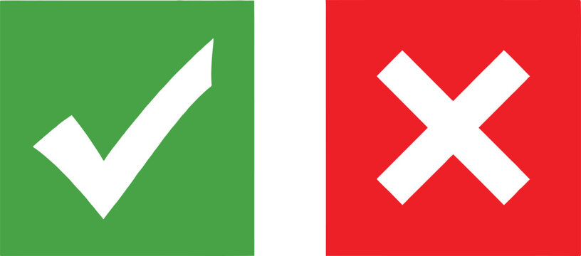 Green check mark and red cross sign icons for true or false choice Vector