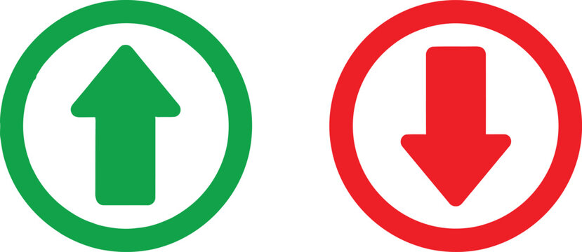 Green up arrow and red down arrow icons in circles representing growth and decline or positive and negative signs Vector