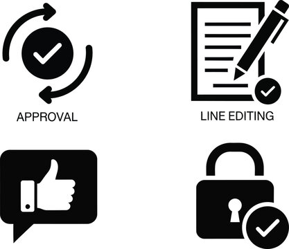 Four black and white for approval, line editing, thumbs up, and padlock with checkmarks on a white background