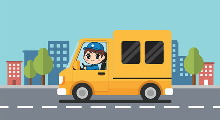 Naklejka premium Delivery Van Driver Driving Yellow Truck City Street Transportation.